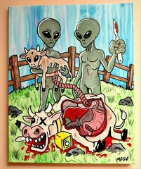 Original ALIEN Canvas Painting Art Cattle Cow Abduction UFO UAP Disclosure