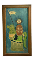 JEANNINE VAUGHN MEDIEVAL KNIGHT ON HORSE MID CENTURY MODERN MCM OIL PAINTING
