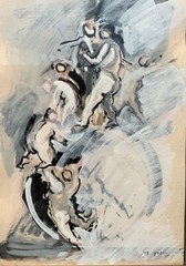 Shmuel Vaginsky ( Israeli , b.1937) Beautiful Rare Cubism Gouache Painting