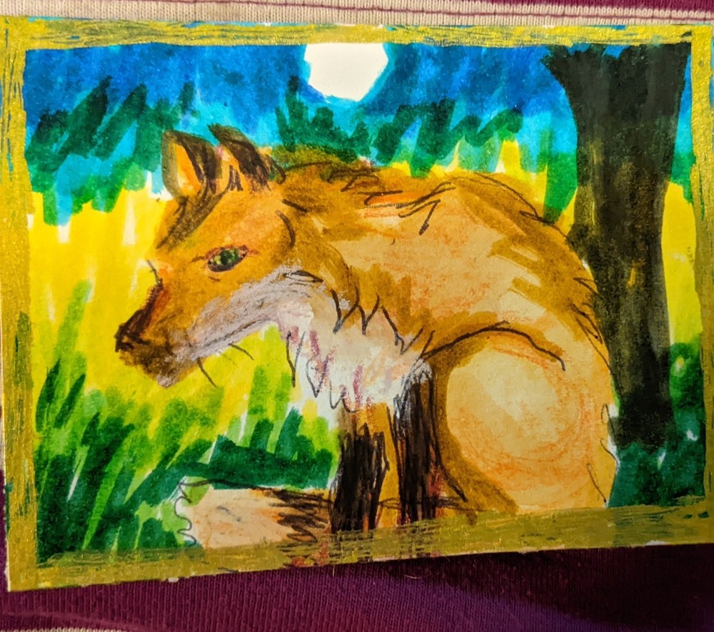 ACEO Original watercolor Painting mark Signed Colorful young Fox