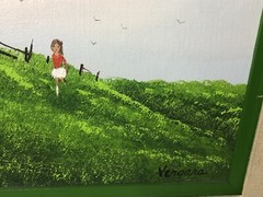Original Vergara Acrylic On Canvas Board Painting Little Girl Hill Birds Fence