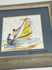 P. Henri Jamaican Souvenir Watercolor Framed And Signed Painting 4.75”x4.75”
