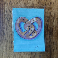 Original Pretzel ACEO Miniature Painting – Food Illustration Art on Paper Signed