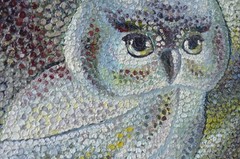 An oil painting titled „Gray Owl.“ The canvas size is 30 by 30 centimeters.