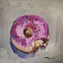 Jose Trujillo Original Oil Painting – Strawberry Donut Food 10×10 Oil on Canvas
