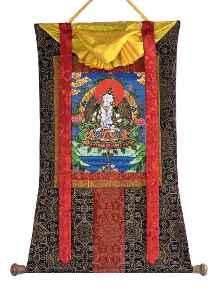 VAJRASATTVA ORIGINAL TIBETAN THANGKA PAINTING WITH HIGH QUALITY SILK BROCADE