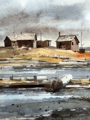 1970s CHALLIS GALLERIES Coastal Harbor Scene Watercolor by Ritchie Benson