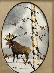 T Soucek Framed Moose Watercolor Painting Wall Art Signed Small Rustic Frame