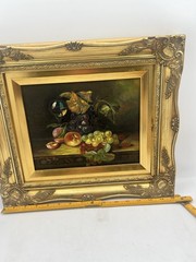 Vintage Signed Van Hunt Still Life Oil Painting Fruit Grapes Wine Glass Framed
