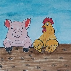 GAT Original Painting Whimsical Home Decor Signed Art 4×4 Chicken Pig Farm Gift
