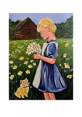 Original Folk Art Country Girl Daisies Barn Kitten Acrylic 12×16” Canvas Panel