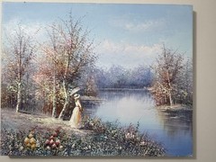 Vintage Oil Painting On Canvas “Lady by The Lake” Unsigned Unframed 20”x16”