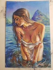 original painting 20 x 30 cm artwork watercolor woman in a mountain lake