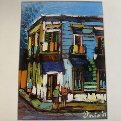 Framed Art Painting Print City Scene Houses Signed