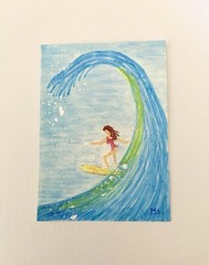 ACEO Ocean Girl Surfer Original Watercolor Surfing Board Sport Beach Wave Art