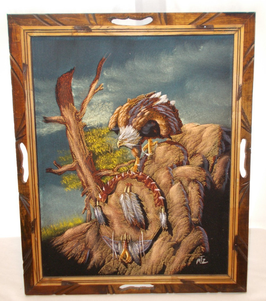 Vintage Black Velvet Painting Bald Eagle Dreamcatcher Wood Frame 23×19 AMAZING