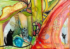 Original Painting 5×7″ black Cats in colorful abstract by Lynne Kohler