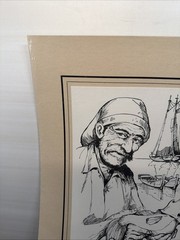 Print Sketch Algarve Portugal Fisherman Signed Julio Amaro P14