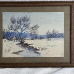 Antique Original Winter Landscape Watercolor Signed Carolyn Timpte @1912