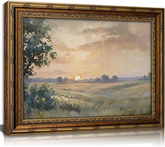 Vintage Gold Framed Wall Art Retro Fall Sunset Country Oil Painting Canvas Print