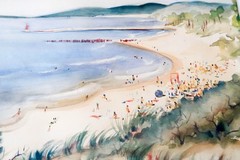 Original Watercolor Painting Summer Beach Seascape / Nautical Signed by Artist