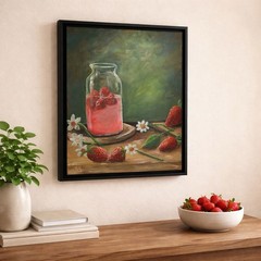 Strawberry Still Life Painting 20×16 Framed Daisies Acrylic Canvas