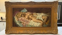 Chuck Oberstein Signed Reclining Female Nude Original Oil Painting 24″x39″