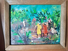 Vtg 2 Haitian Original Oil Paintings Folk Art F. Dominique & Other Artist Framed