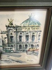 Signed Watercolor European Street Scene Café Cityscape Print Framed 8×10