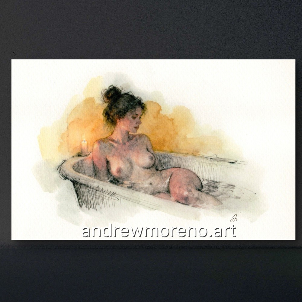 Original Nude Watercolor Female Bath Figure Study Candlelight 5.5×8.5 Signed