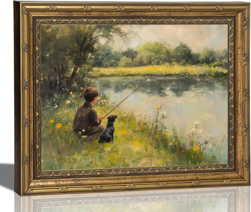 Vintage Gold Framed Wall Art Boy Fishing Country Painting Picture Peaceful Lake