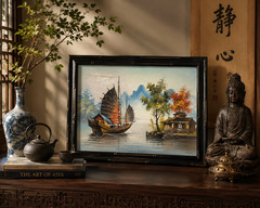 Vintage Chinese Oil Painting Junk Boat Asian Coastal Landscape Framed Original