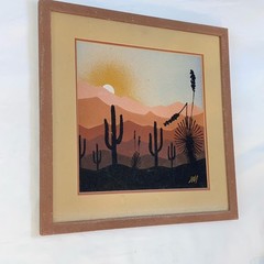 Vintage Sand Painting On Board Signed Sunset