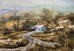 Pamela Wilhelm Watercolor 5”x7” Original Winter Shadows Trees Blue House Yellow