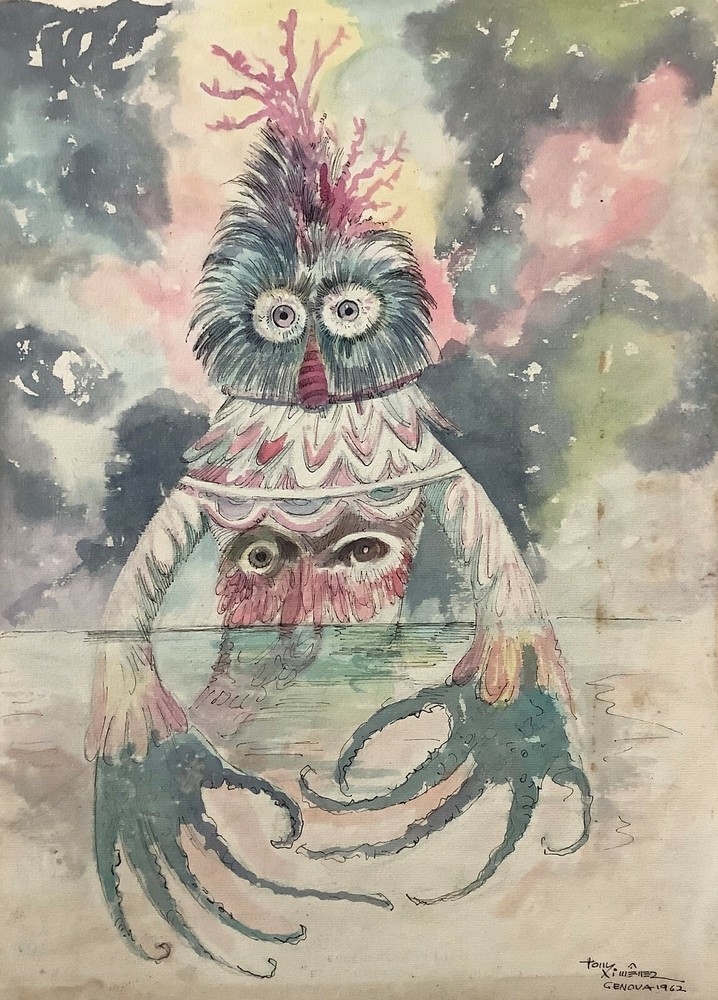 Tony Ximenez. Painting. El Hombre del Oceano, 1962. Original signed. Mixed media