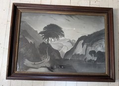 Rare c 1850 Folk Art Charcoal Painting by Benjamin Damon Concord, New Hampshire