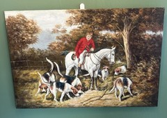 Original Oil Painting, English Fox Hunt Scene Riders Horses Hounds VINTAGE 24×35