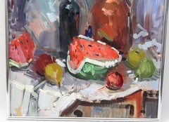 22×28 Mid Century Vintage Oil Painting Still Life Fruit Watermelon Wine Bottle