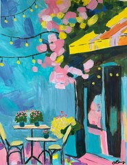 Abstract Expressionism Acrylic Art on 11×14 Paper – Evening Cafe