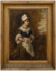 George Wells – Framed 1883 Oil, Brenton Woman in Woodland