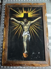 Vintage Framed Black Velvet Jesus Crucified Crucifixion Cross Painting 22” X 14”
