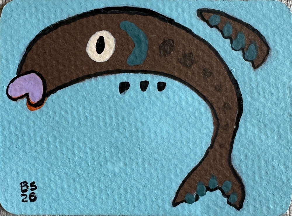 ACEO Original Acrylic Fish Funky Sea Creature Art by Bri Sander 3.5 x 2.5” OOAK