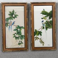 Vintage E Menini Framed Asian Bird Silk Brush Painting Art Set of 2 Bamboo Frame