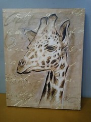 Vtg Print On Canvas Signed Barret Safari Giraffe Unframed 14 1/2″ X 11″