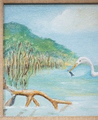 Vintage Painting Florida Landscape Egret Fishing in Mangroves by Charlene Hook