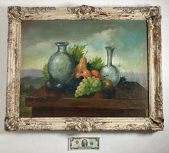 Vintage Original Oil Painting Classical Still Life with Fruit and Wine -Signed