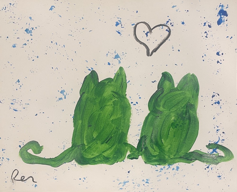 Date Night Green Cats 11X 14″ Neo Impressionist Acrylic Painting Paper