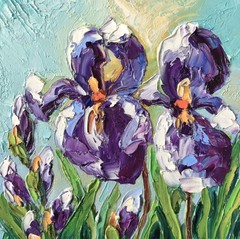 Flower Oil Painting Original Art Impasto Artwork Irisies on Canvas Board 20x20cm