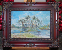 FRAMED ORIGINAL OIL PALMS & RIVER CUBAN COUNTRY SCENE, CUBA ARTIST: HECTO VIDAL