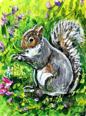 ORIGINAL ACEO Painting Grey Squirrel Spring Gray Animal Landscape Flower ATC ART